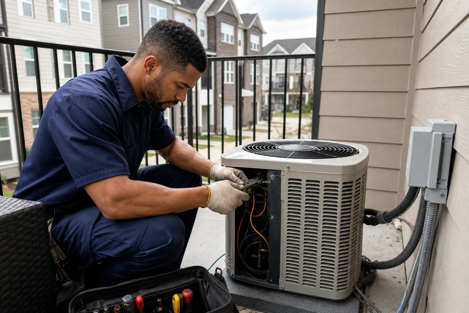Technician servicing an outdoor AC unit for a Charlotte home