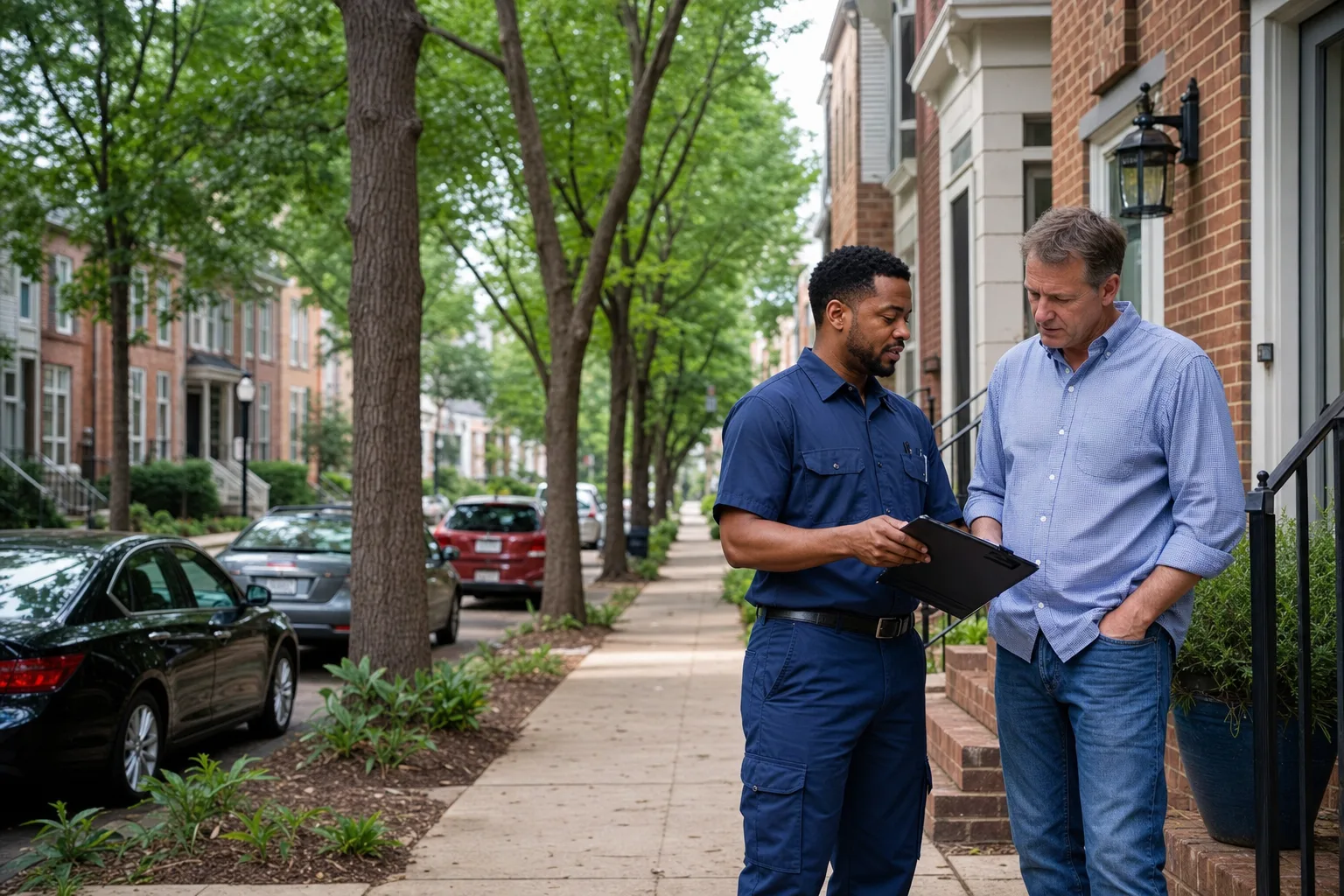 Peaks technician with a homeowner after an HVAC visit in Charlotte, NC