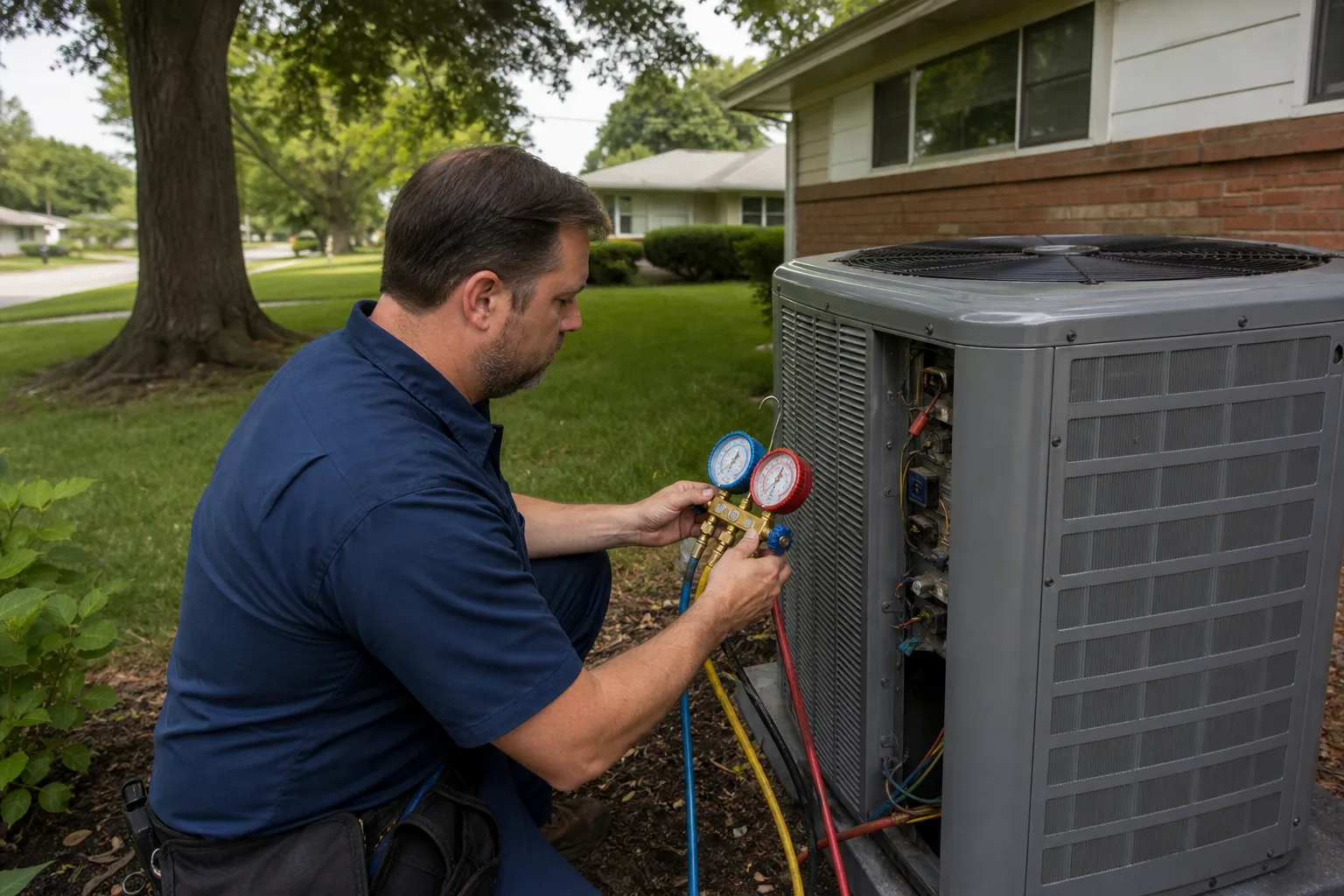 Technician servicing an outdoor AC unit for a Concord home