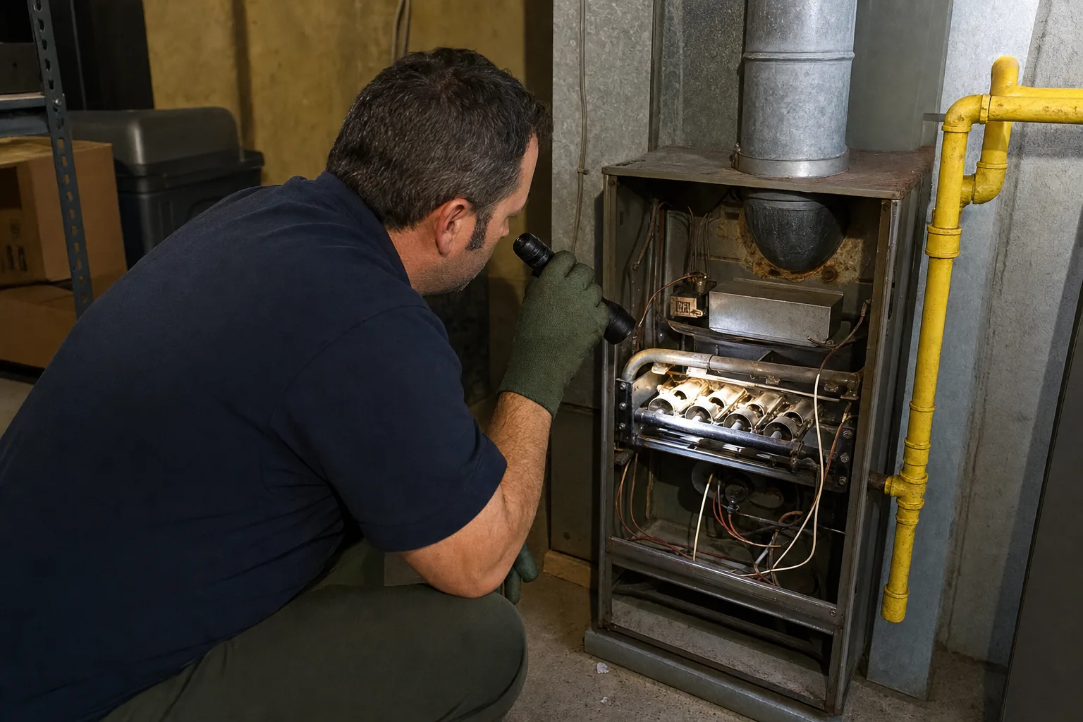 Technician inspecting a furnace in a Concord home