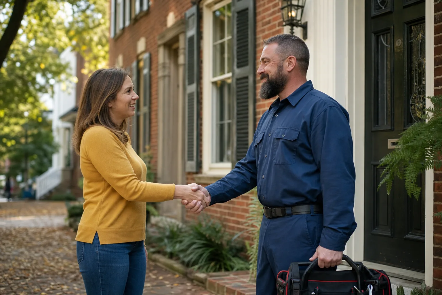 Peaks technician with a homeowner after an HVAC visit in Concord, NC