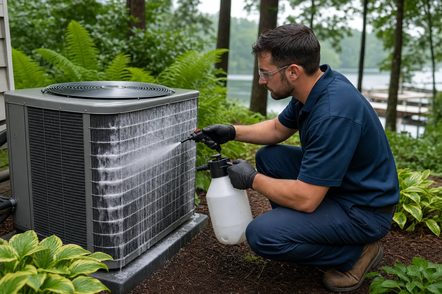 Technician servicing an outdoor AC unit for a Cornelius home