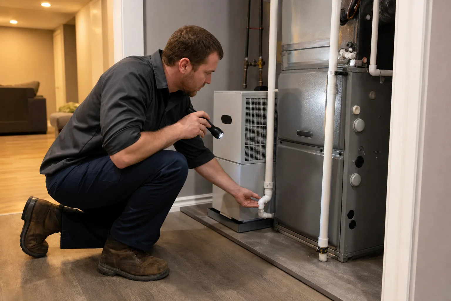 Technician inspecting a furnace in a Cornelius home