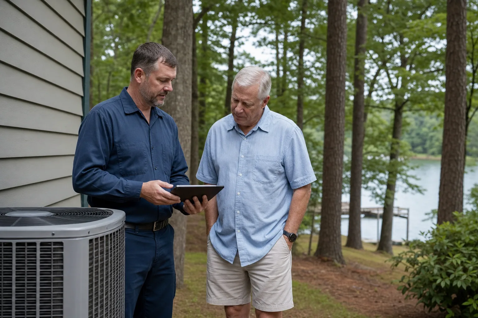 Peaks technician with a homeowner after an HVAC visit in Cornelius, NC