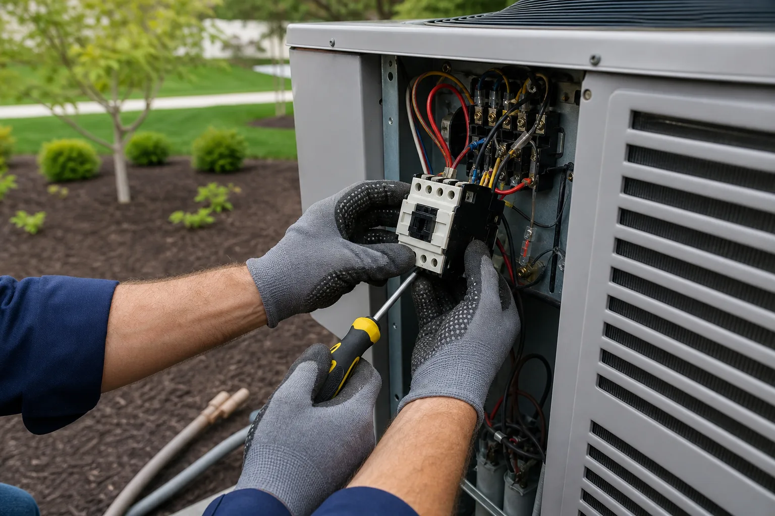 Technician servicing an outdoor AC unit for a Harrisburg home