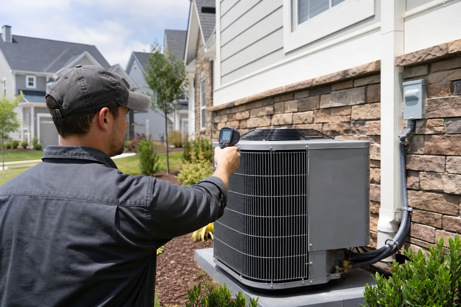 Technician servicing an outdoor AC unit for a Huntersville home