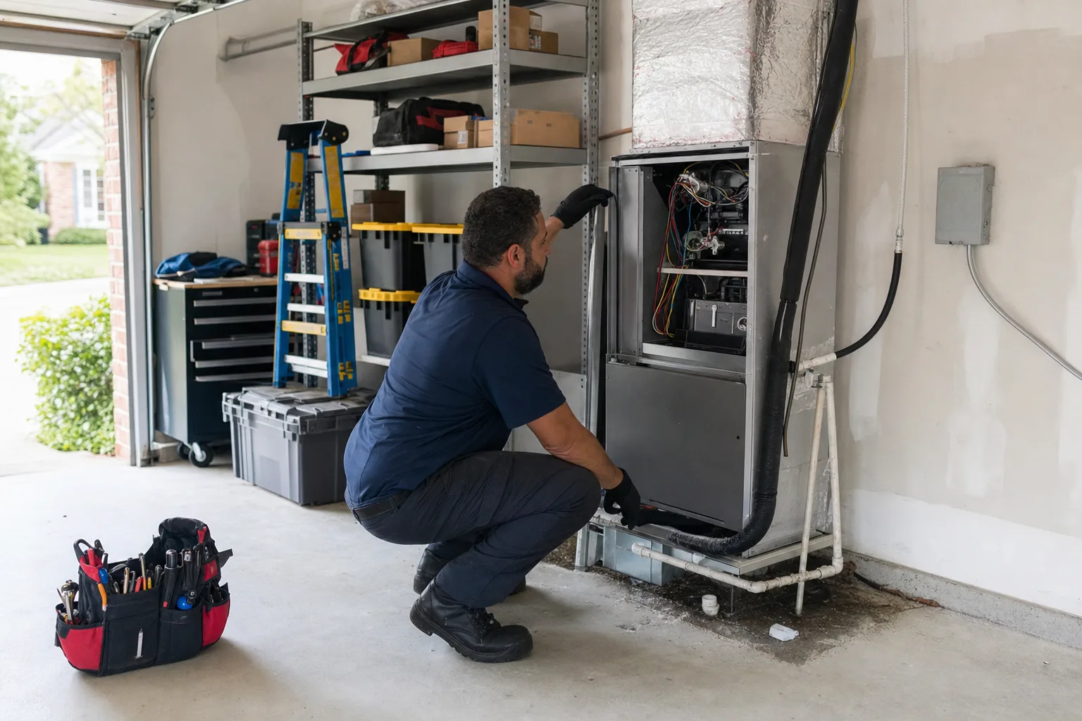 Technician inspecting a furnace in a Huntersville home