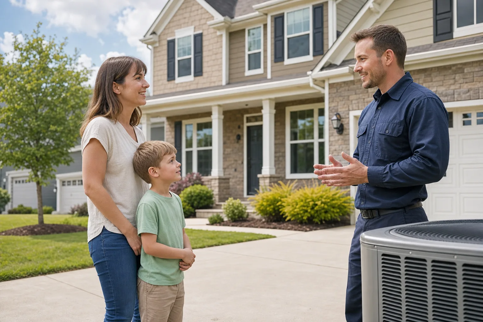 Peaks technician with a homeowner after an HVAC visit in Huntersville, NC