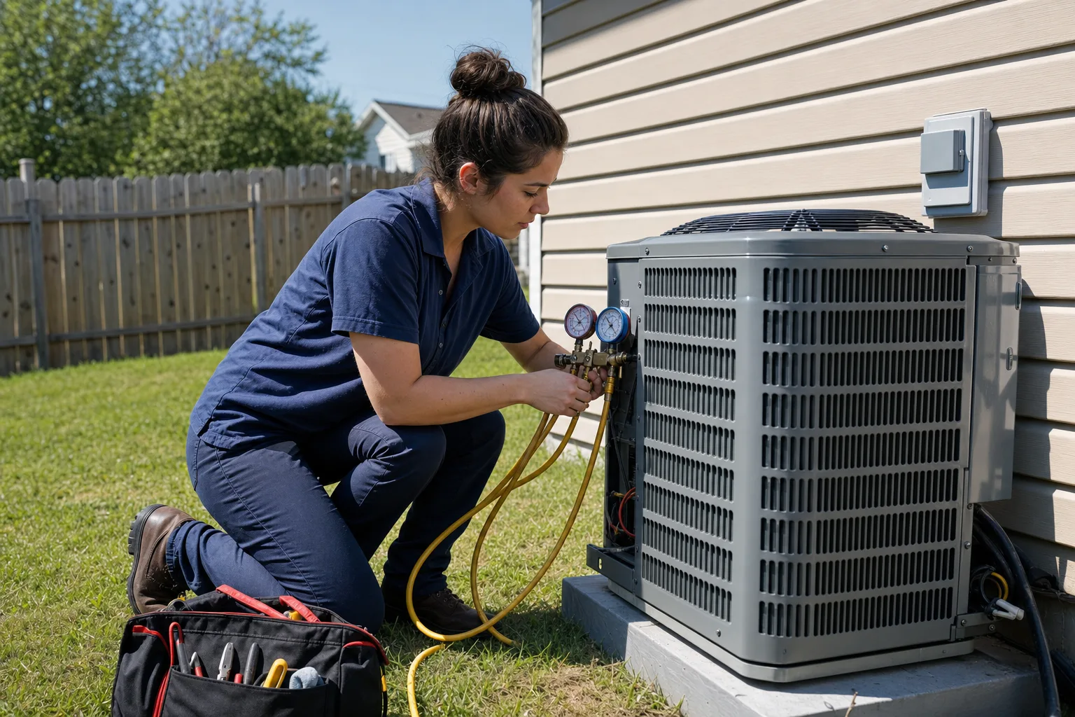 Technician checking refrigerant gauges on an outdoor AC unit in Indian Trail
