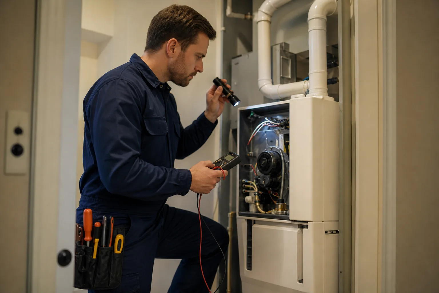 Technician inspecting a gas furnace in an Indian Trail home utility closet