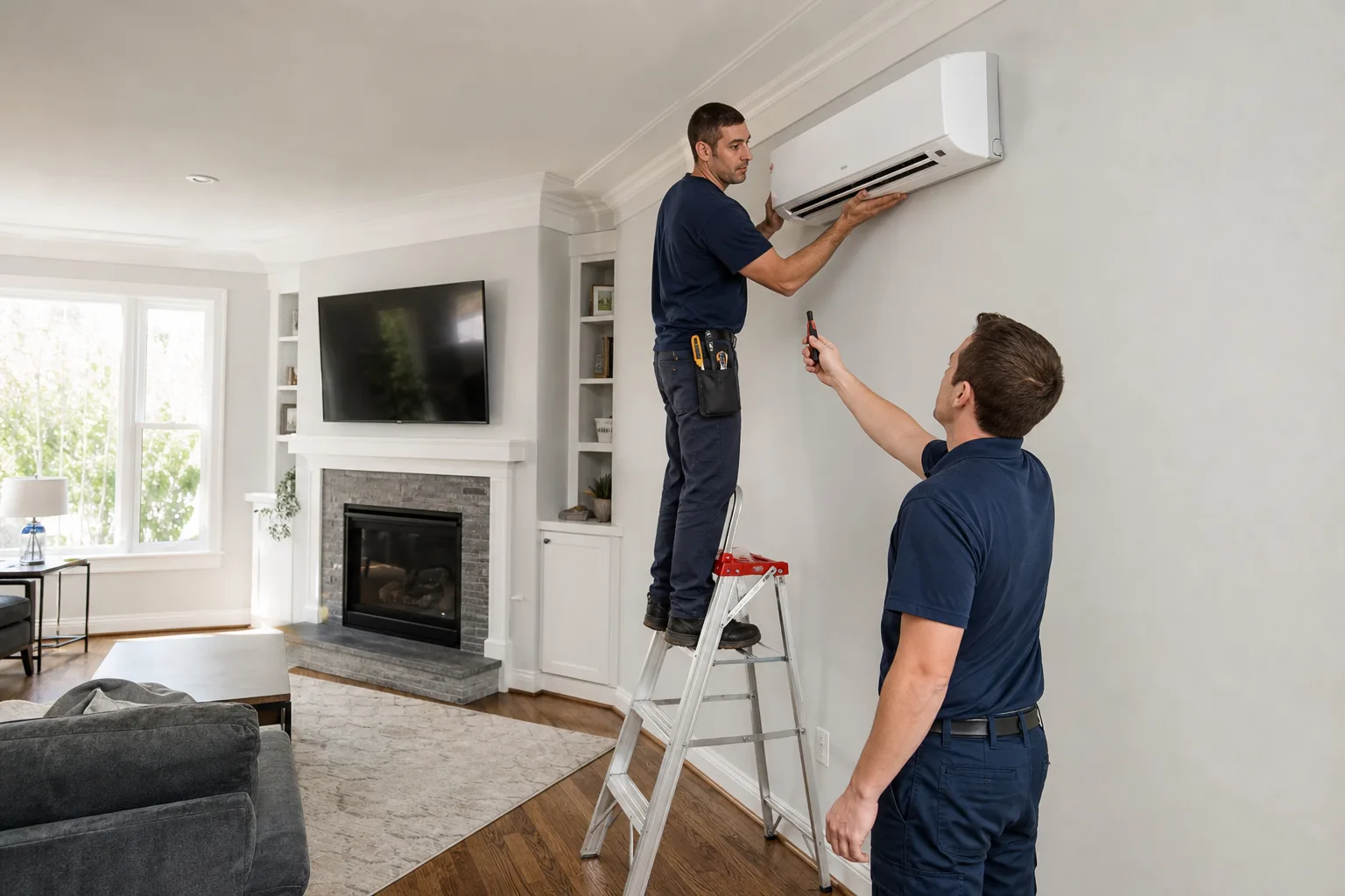 Peaks technicians installing a ductless mini split in an Indian Trail living room