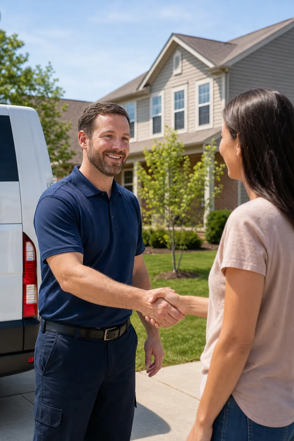 Peaks technician greeting a homeowner after an HVAC visit in Indian Trail, NC