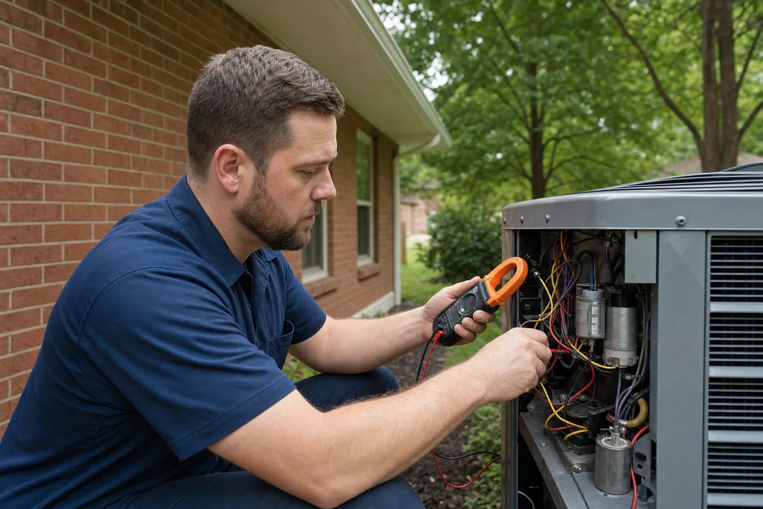 Technician servicing an outdoor AC unit for a Matthews home