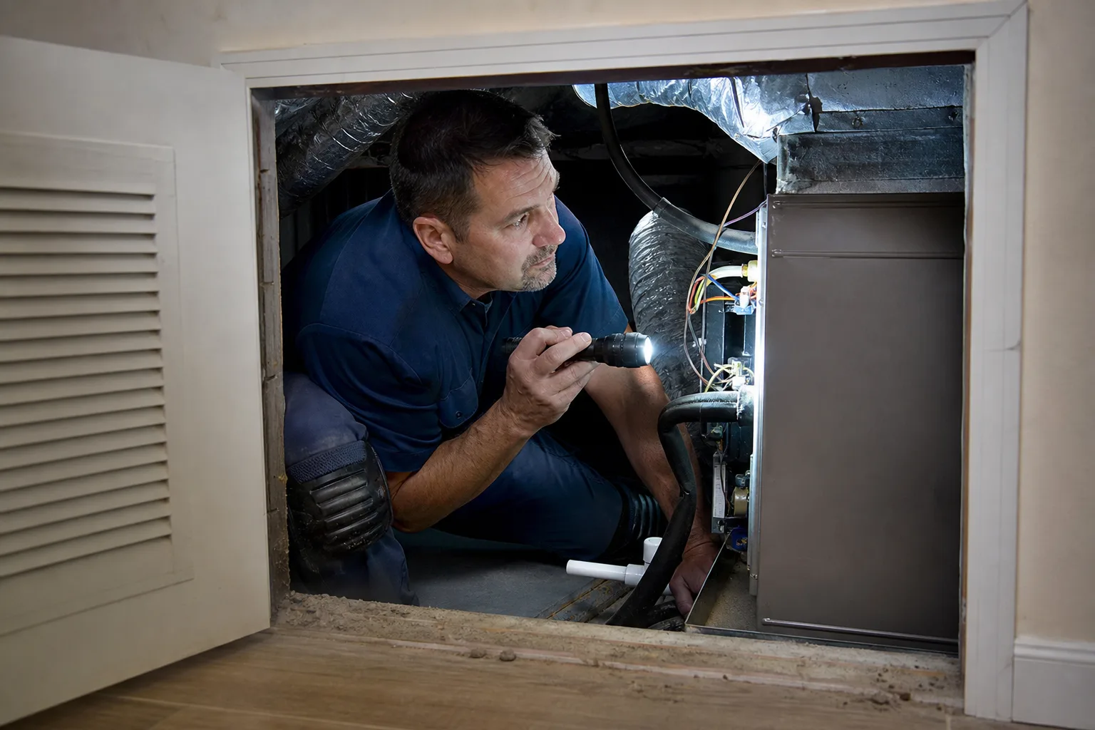 Technician inspecting a furnace in a Matthews home