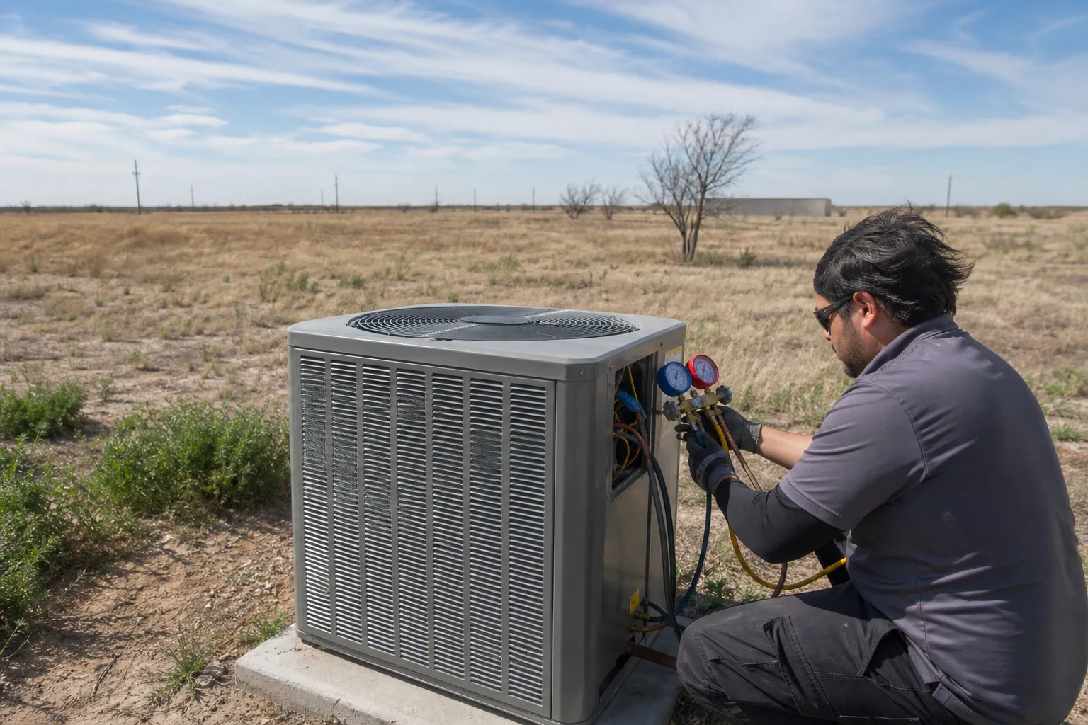 Technician servicing an outdoor AC unit for a Midland home