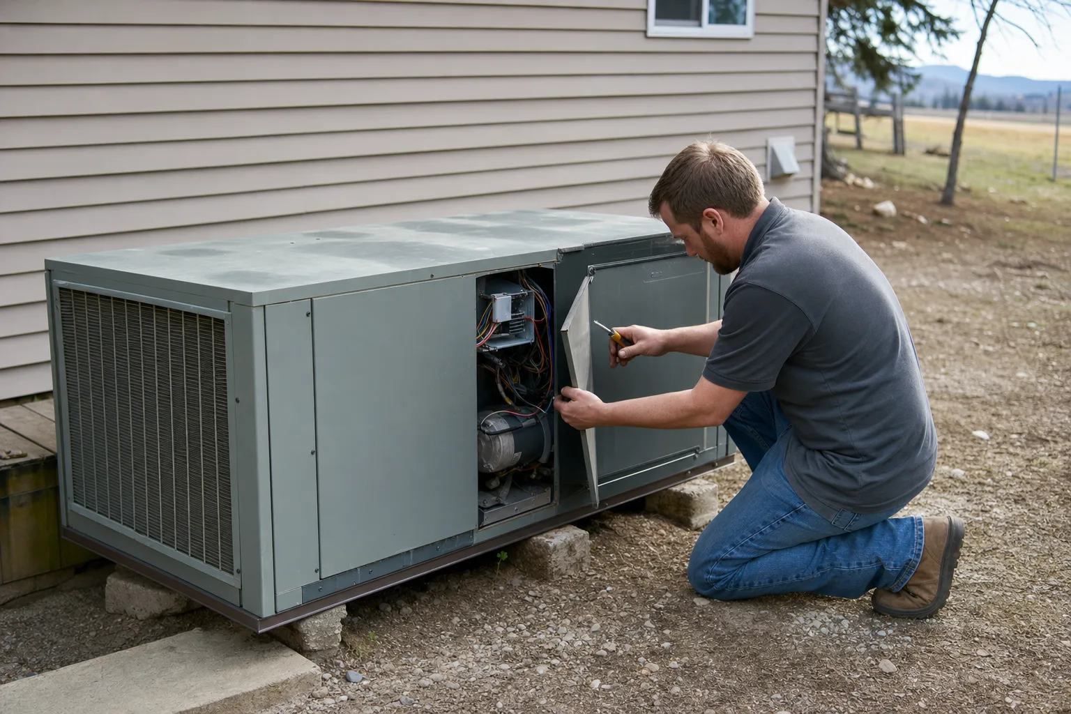 Technician inspecting a furnace in a Midland home
