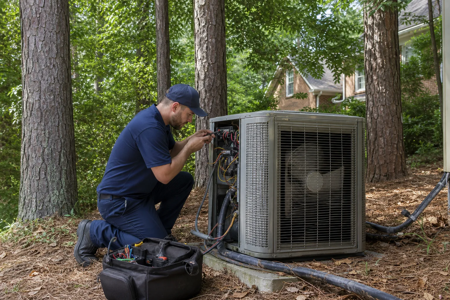 Technician servicing an outdoor AC unit for a Mint Hill home