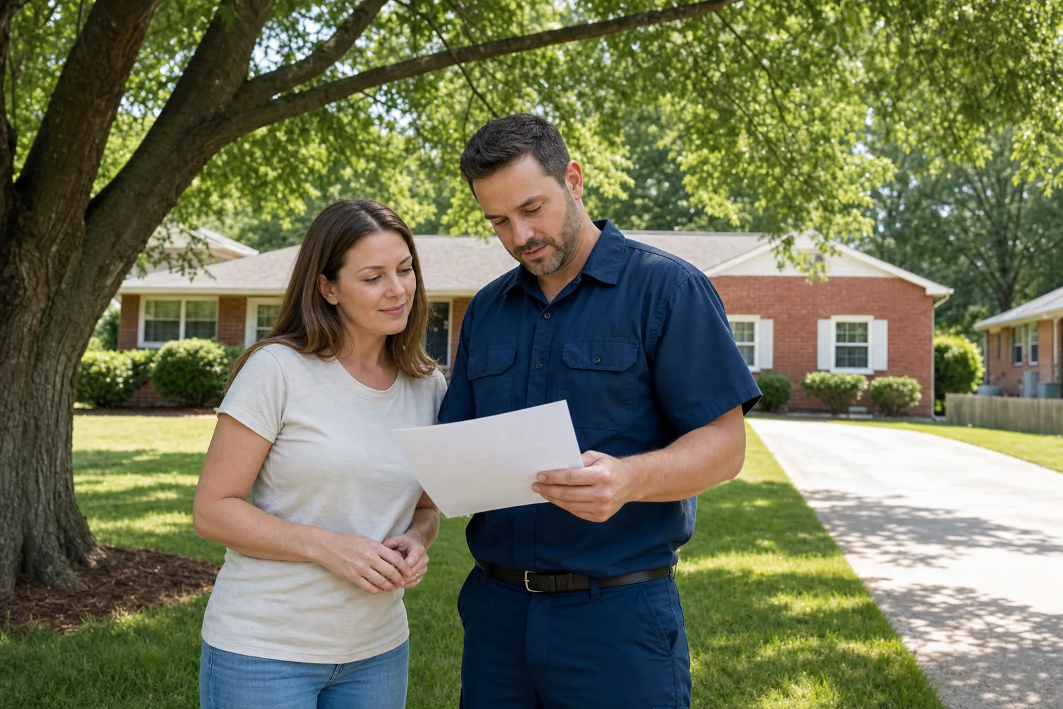 Peaks technician with a homeowner after an HVAC visit in Mint Hill, NC