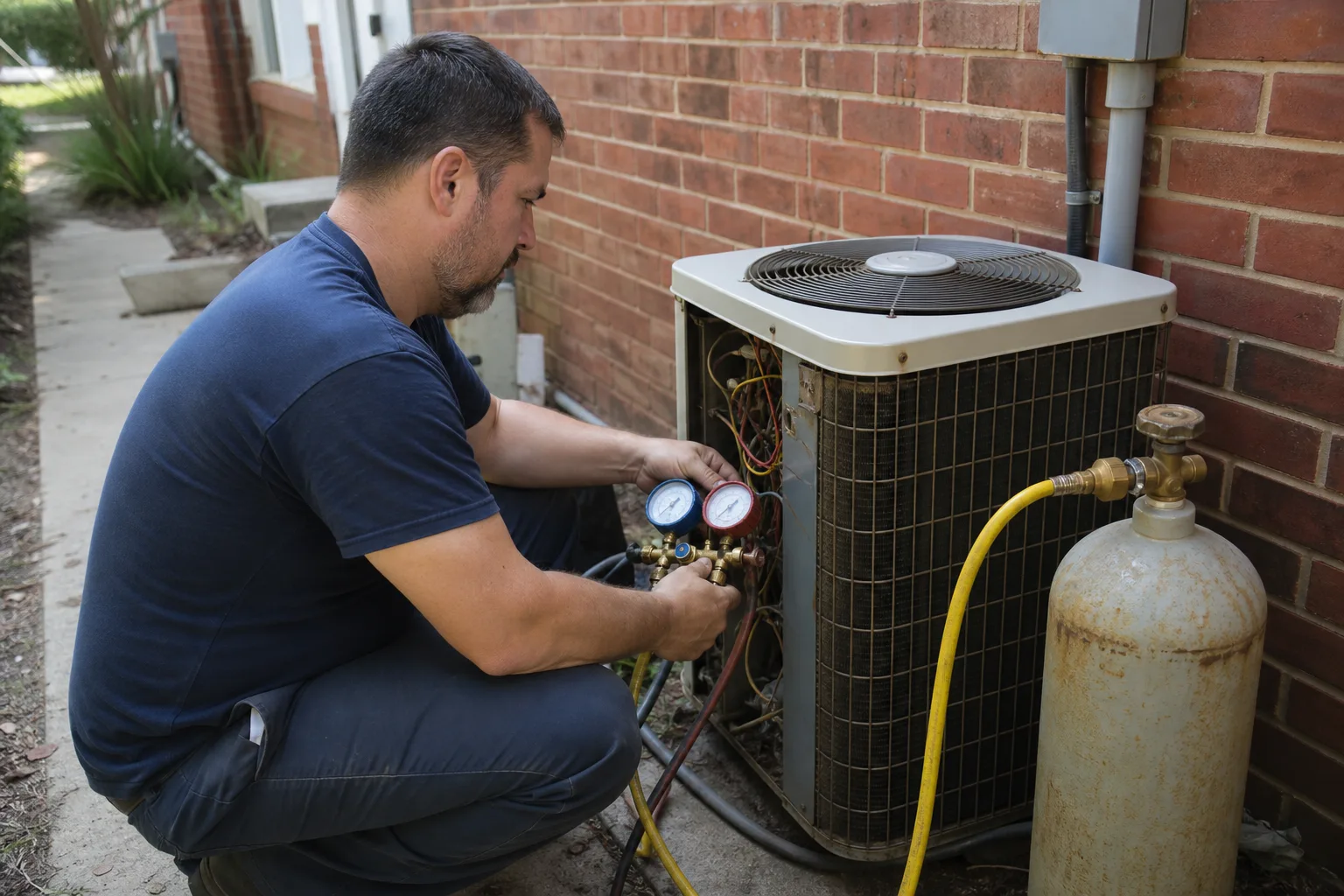 Technician servicing an outdoor AC unit for a Monroe home