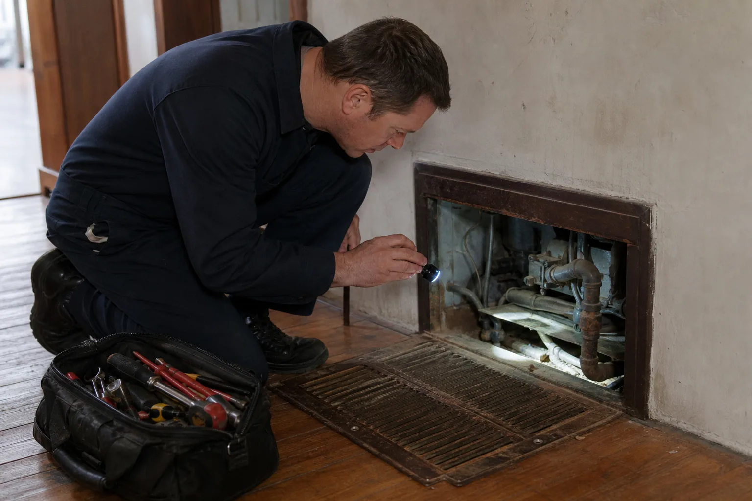 Technician inspecting a furnace in a Monroe home