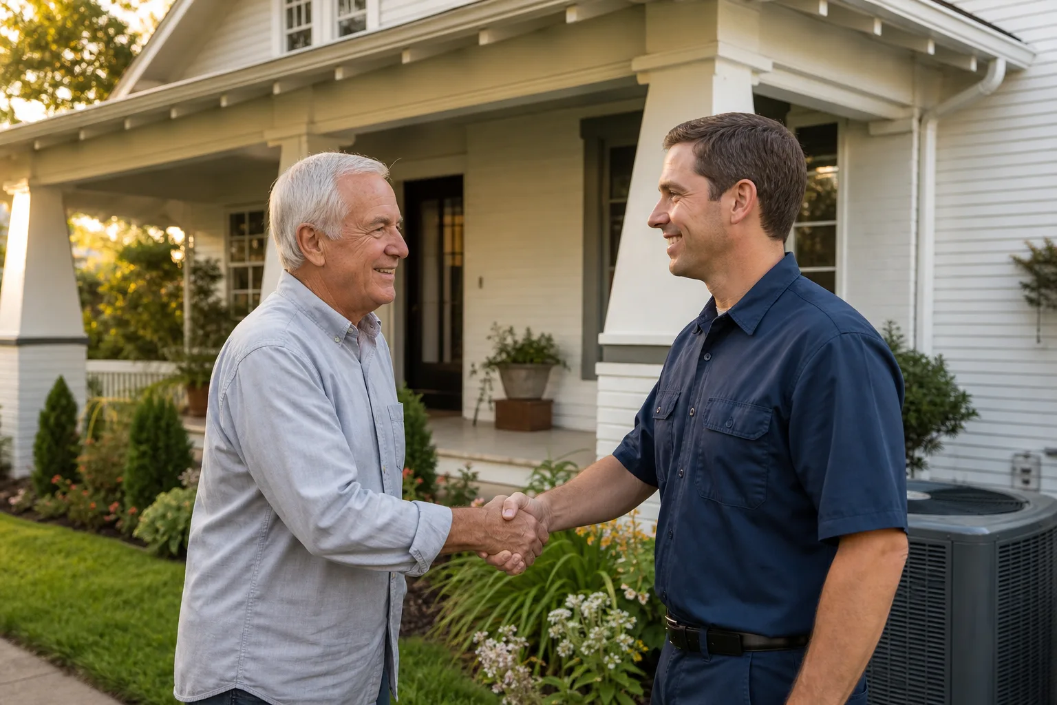 Peaks technician with a homeowner after an HVAC visit in Monroe, NC