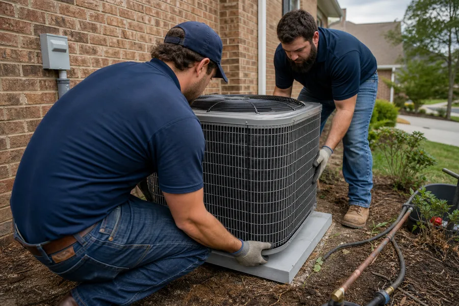 Peaks technicians setting a new high efficiency condenser unit onto a concrete pad