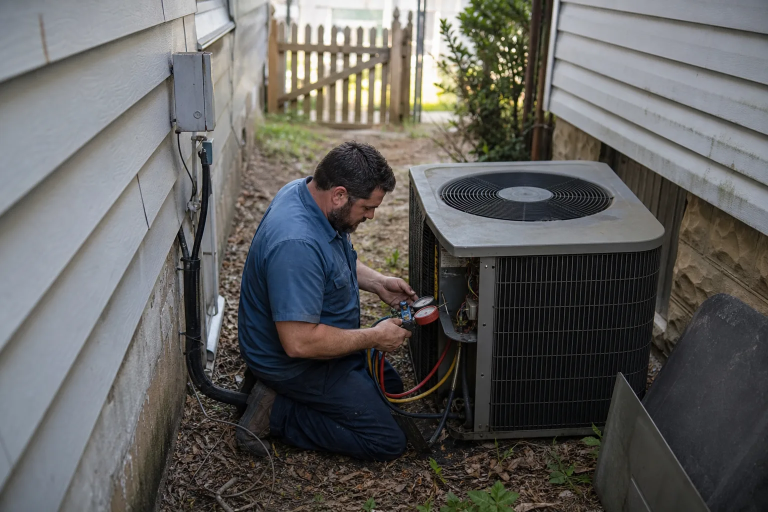 Technician servicing an outdoor AC unit for a Pineville home