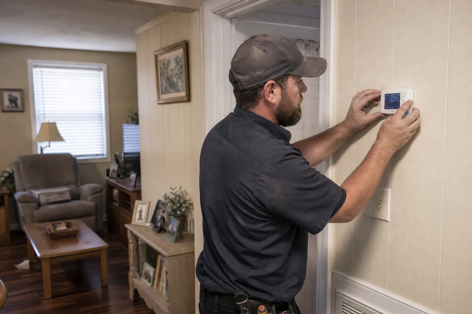 Technician inspecting a furnace in a Pineville home