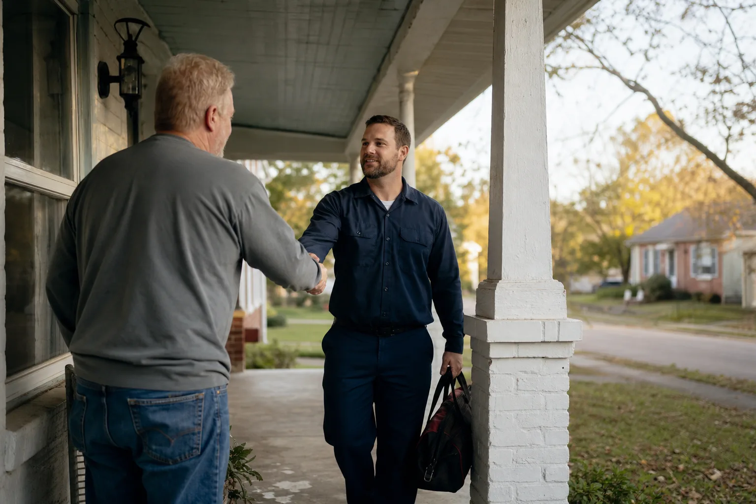 Peaks technician with a homeowner after an HVAC visit in Pineville, NC