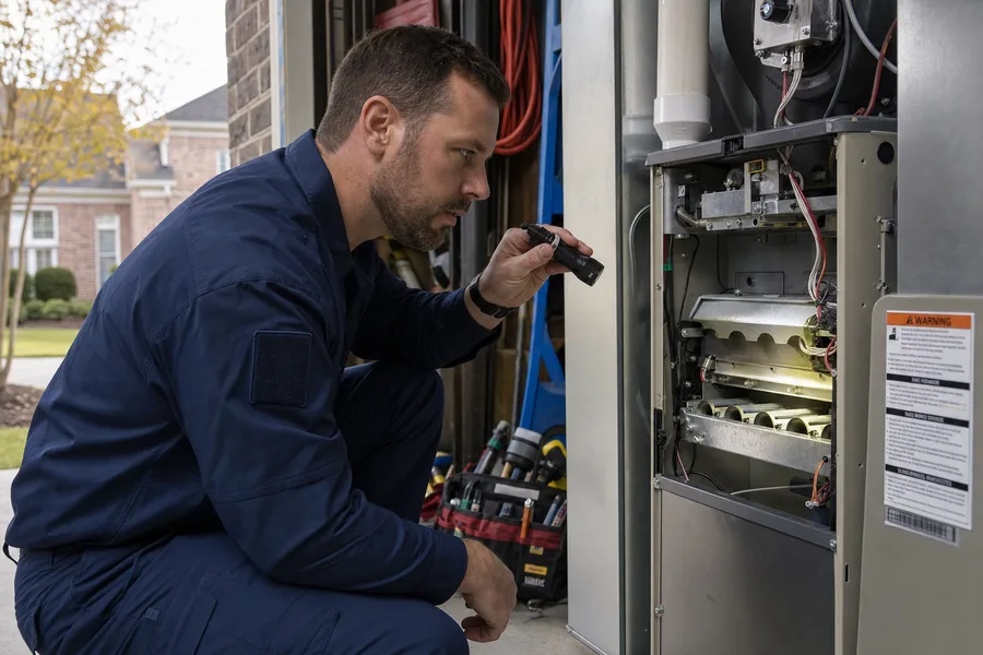 Technician inspecting a gas furnace burner assembly