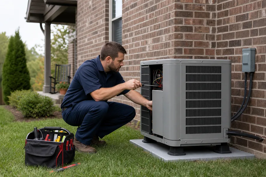 Peaks technician servicing an outdoor heat pump unit at a Stallings home