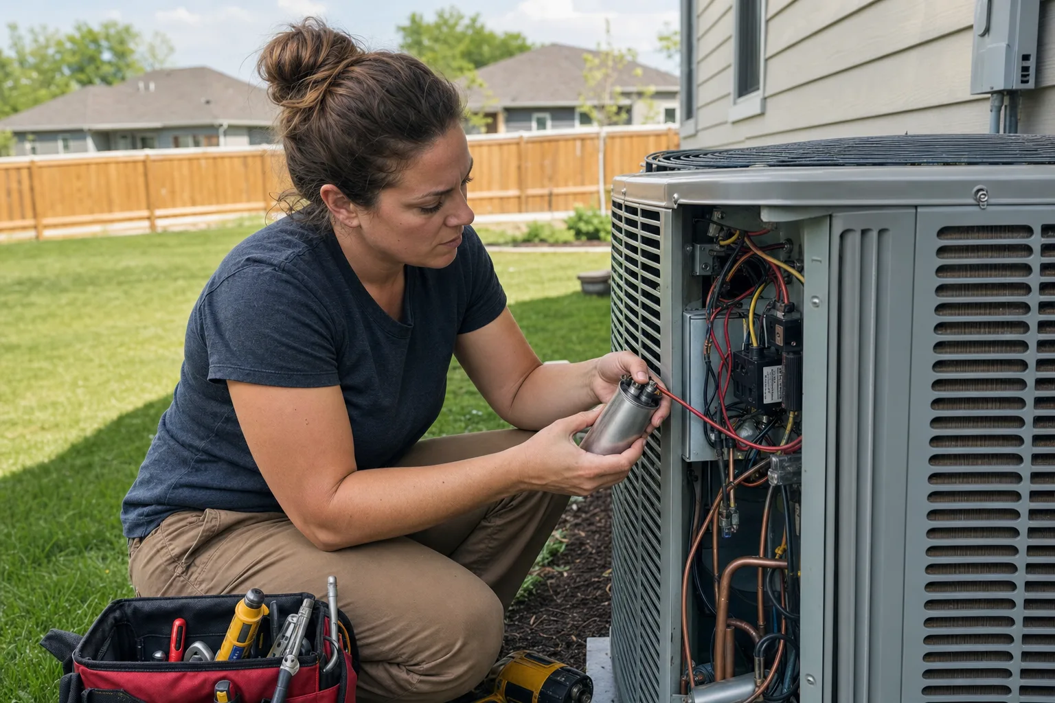 Technician servicing an outdoor AC unit for a Waxhaw home