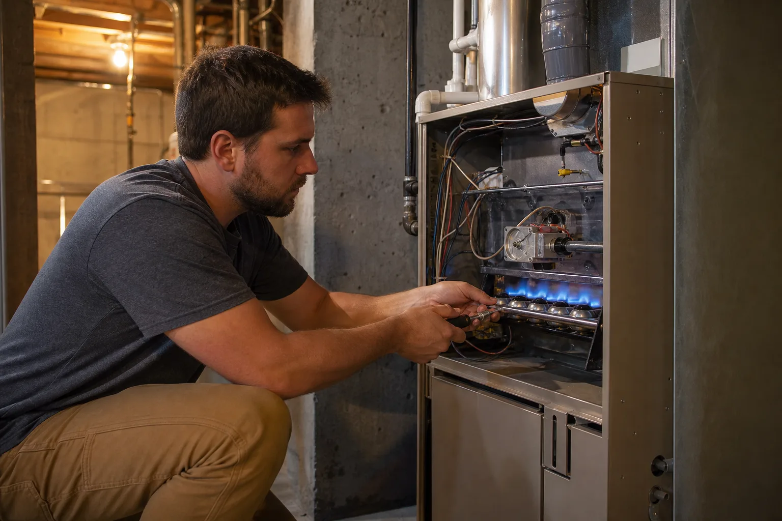Technician inspecting a furnace in a Waxhaw home