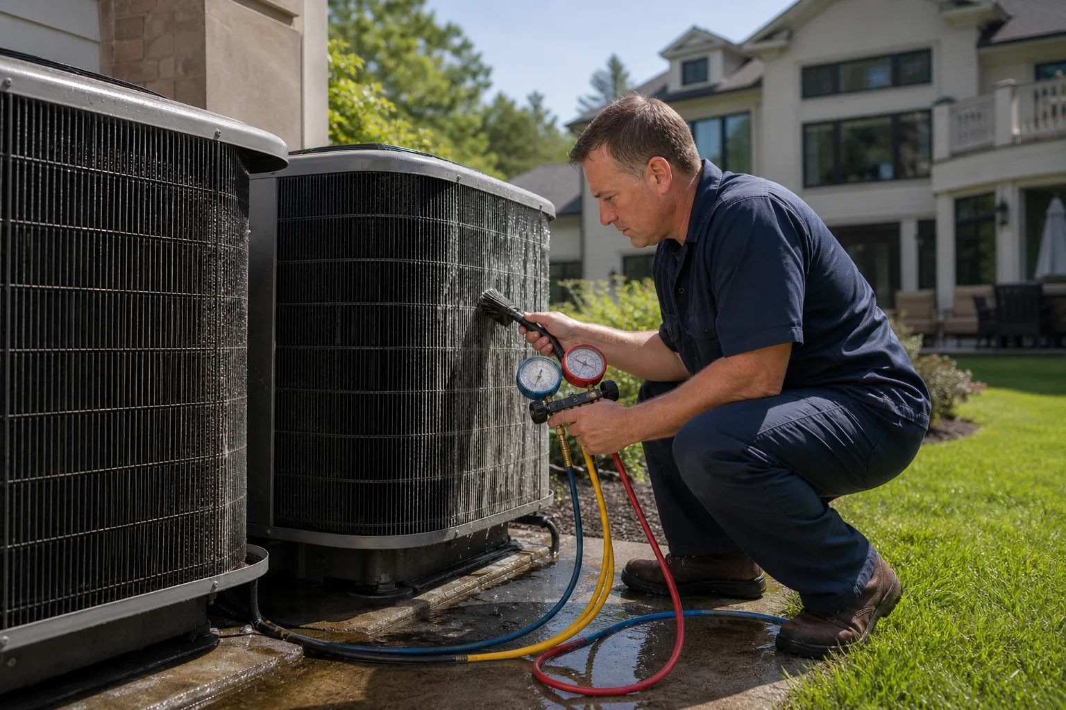 Technician servicing an outdoor AC unit for a Weddington home