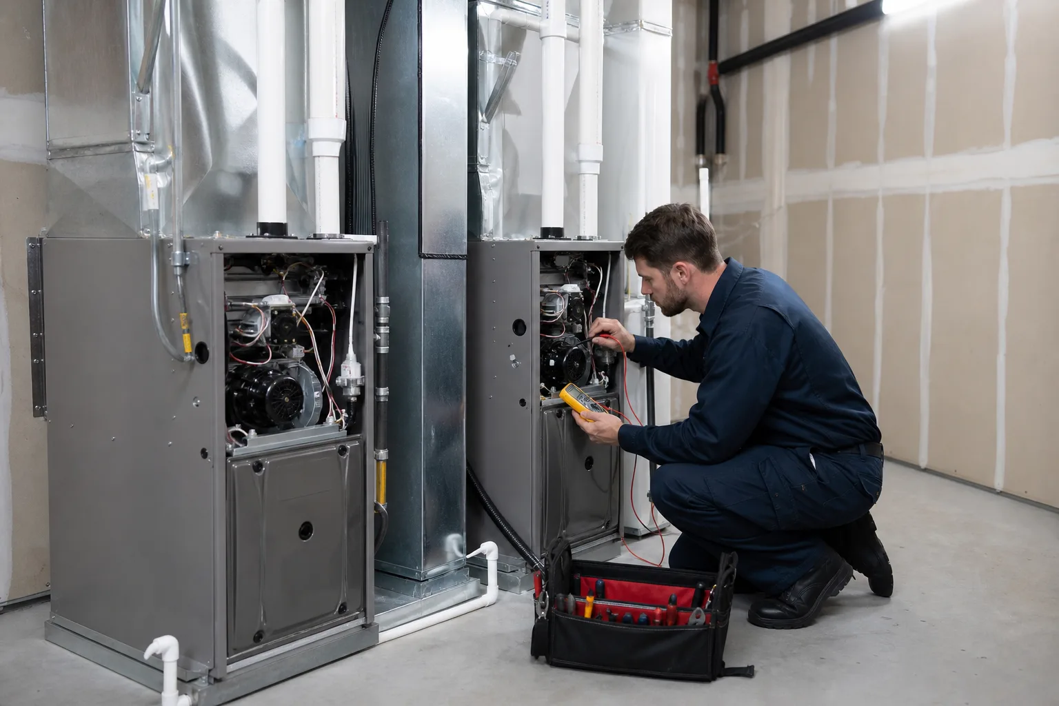 Technician inspecting a furnace in a Weddington home
