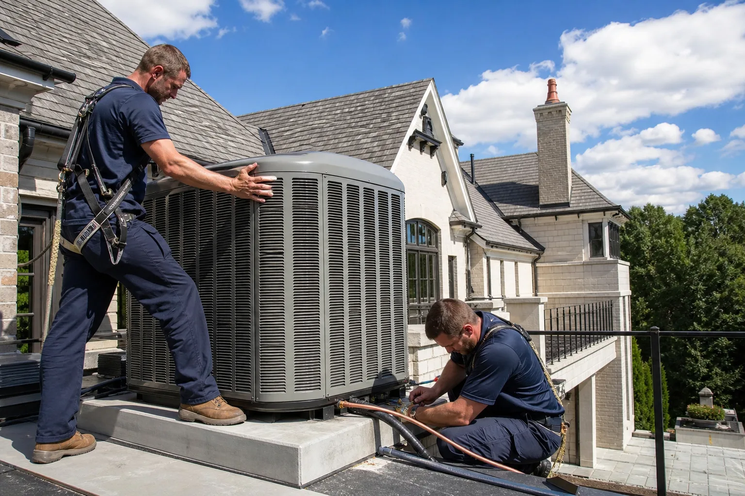 Peaks technicians installing a new HVAC system in Weddington