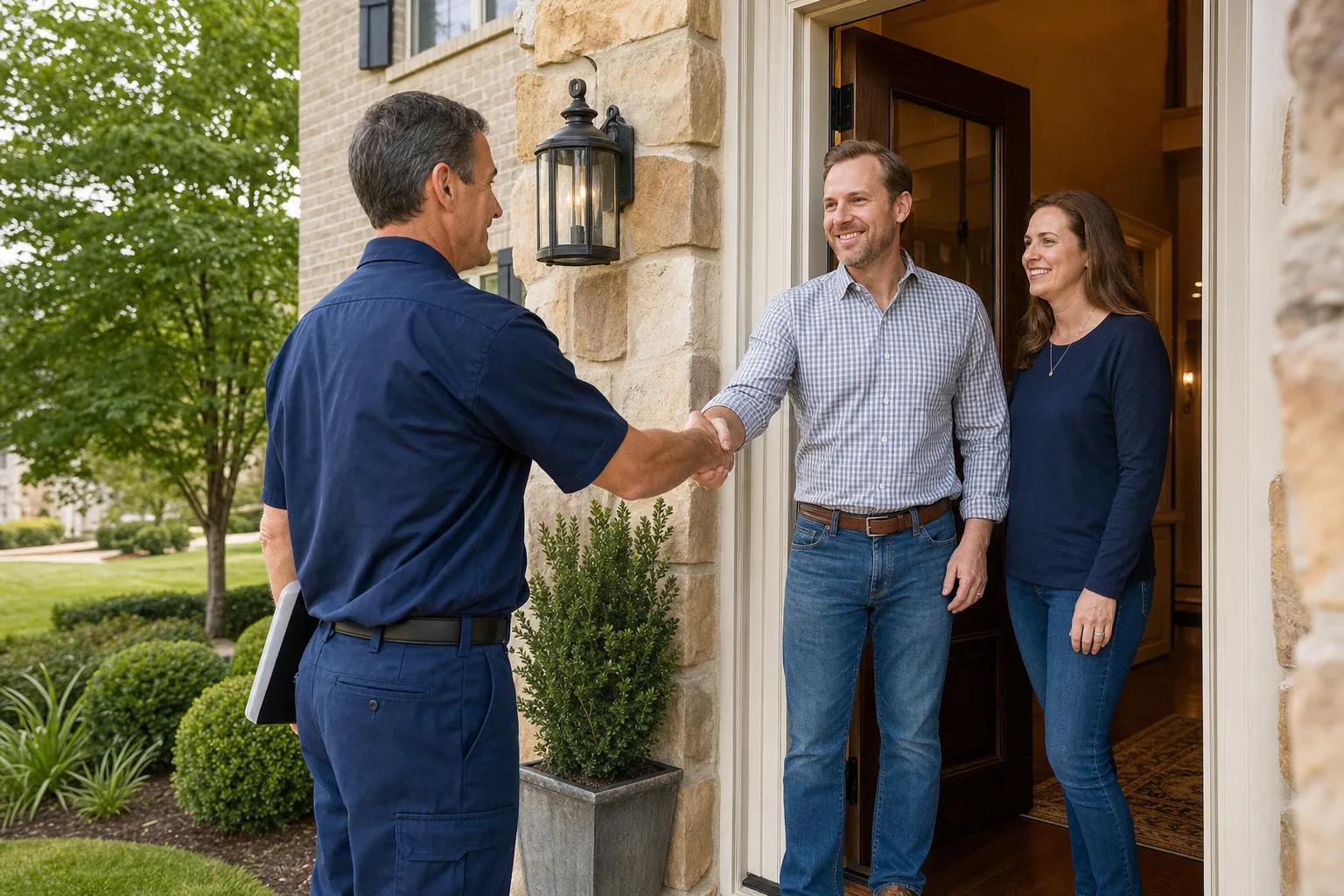 Peaks technician with a homeowner after an HVAC visit in Weddington, NC